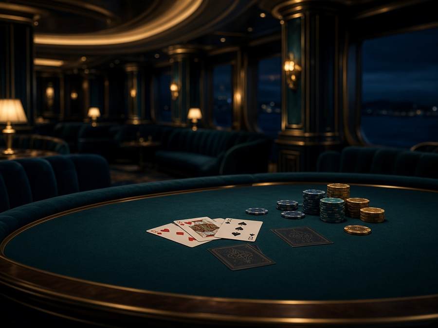 Ambiente elegante de casino a bordo com mesas de jogo